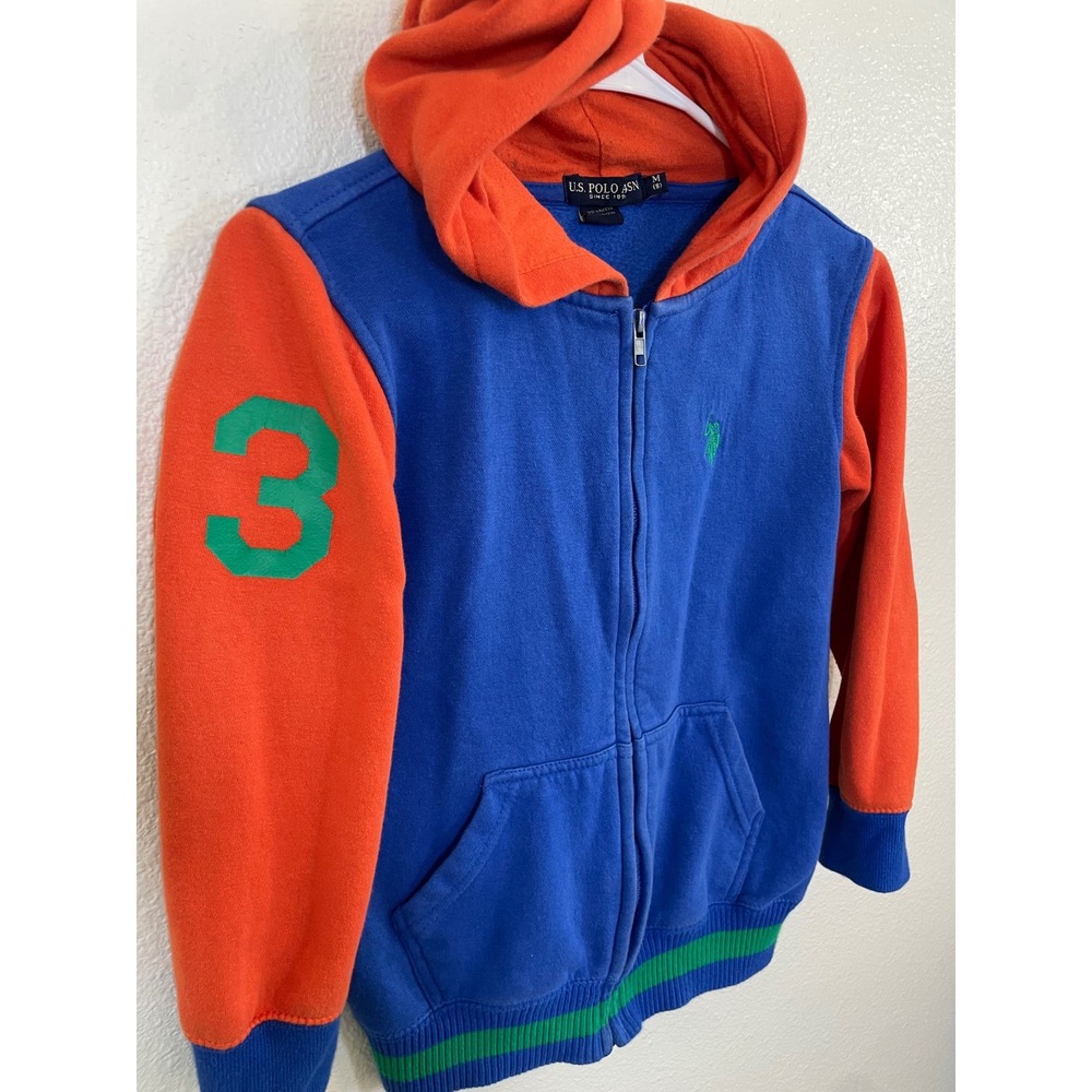 US Polo Assn Kids Medium (8)‎ Zip Up Hoodie Blue Orange Green Number 3 Logo